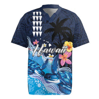 Hawaiian Honu Honi Ihu Rugby Jersey With Plumeria and Kakau Art Pattern LT03 Dark Blue - Polynesian Pride