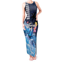 Hawaiian Honu Honi Ihu Tank Maxi Dress With Plumeria and Kakau Art Pattern LT03 Women Dark Blue - Polynesian Pride