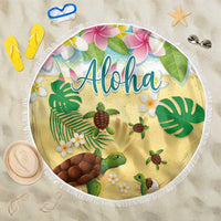 Aloha Turtle Family on The Beach Beach Blanket with Hawaiian Colorful Plumeria LT03 One Size 150cm Beige - Polynesian Pride