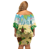Aloha Turtle Family on The Beach Family Matching Off Shoulder Short Dress and Hawaiian Shirt with Hawaiian Colorful Plumeria