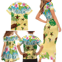 Aloha Turtle Family on The Beach Family Matching Short Sleeve Bodycon Dress and Hawaiian Shirt with Hawaiian Colorful Plumeria