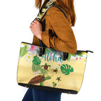 Aloha Turtle Family on The Beach Leather Tote Bag with Hawaiian Colorful Plumeria LT03 Beige - Polynesian Pride