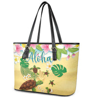 Aloha Turtle Family on The Beach Leather Tote Bag with Hawaiian Colorful Plumeria LT03 - Polynesian Pride