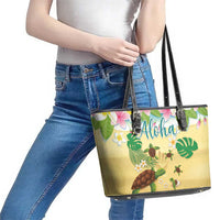 Aloha Turtle Family on The Beach Leather Tote Bag with Hawaiian Colorful Plumeria LT03 - Polynesian Pride