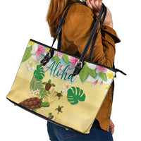 Aloha Turtle Family on The Beach Leather Tote Bag with Hawaiian Colorful Plumeria LT03 - Polynesian Pride