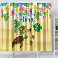 Aloha Turtle Family on The Beach Shower Curtain with Hawaiian Colorful Plumeria