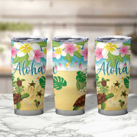 Hawaii Aloha Turtle Family on The Beach with Colorful Tropical Flowers Tumbler Cup