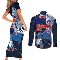 New Zealand Waitangi Couples Matching Short Sleeve Bodycon Dress and Long Sleeve Button Shirt Te Ra O Waitangi Maori Kiwis Bird LT03 - Polynesian Pride
