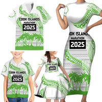 Cook Islands Marathon 2025-Pursuit in Paradise Family Matching Short Sleeve Bodycon Dress and Hawaiian Shirt Green Color