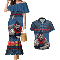 Custom Toa Samoa Rugby Couples Matching Mermaid Dress and Hawaiian Shirt Samoan Warrior Ula Fala Tribal Pattern LT03 Blue - Polynesian Pride