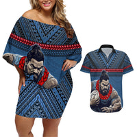 Custom Toa Samoa Rugby Couples Matching Off Shoulder Short Dress and Hawaiian Shirt Samoan Warrior Ula Fala Tribal Pattern LT03 Blue - Polynesian Pride