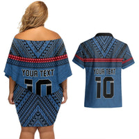 Custom Toa Samoa Rugby Couples Matching Off Shoulder Short Dress and Hawaiian Shirt Samoan Warrior Ula Fala Tribal Pattern LT03 - Polynesian Pride
