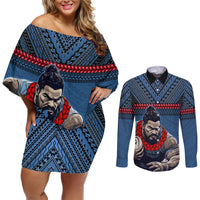 Custom Toa Samoa Rugby Couples Matching Off Shoulder Short Dress and Long Sleeve Button Shirt Samoan Warrior Ula Fala Tribal Pattern LT03 Blue - Polynesian Pride