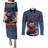 Custom Toa Samoa Rugby Couples Matching Puletasi and Long Sleeve Button Shirt Samoan Warrior Ula Fala Tribal Pattern LT03 Blue - Polynesian Pride