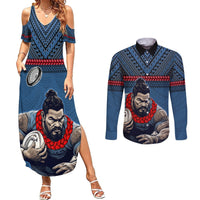 Custom Toa Samoa Rugby Couples Matching Summer Maxi Dress and Long Sleeve Button Shirt Samoan Warrior Ula Fala Tribal Pattern LT03 Blue - Polynesian Pride