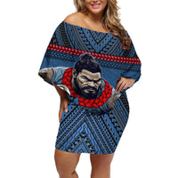 Custom Toa Samoa Rugby Off Shoulder Short Dress Samoan Warrior Ula Fala Tribal Pattern LT03 Women Blue - Polynesian Pride