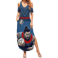 Custom Toa Samoa Rugby Summer Maxi Dress Samoan Warrior Ula Fala Tribal Pattern LT03 Women Blue - Polynesian Pride