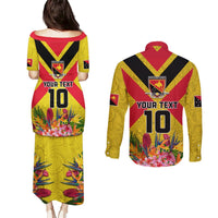 Custom Papua New Guinea Rugby Couples Matching Puletasi and Long Sleeve Button Shirt Bird of Paradise and Hibiscus Polynesian Pattern Yellow Color LT03 - Polynesian Pride