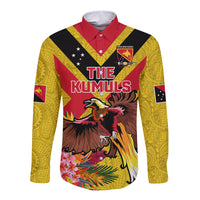 Custom Papua New Guinea Rugby Long Sleeve Button Shirt Bird of Paradise and Hibiscus Polynesian Pattern Yellow Color LT03