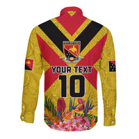 Custom Papua New Guinea Rugby Long Sleeve Button Shirt Bird of Paradise and Hibiscus Polynesian Pattern Yellow Color LT03