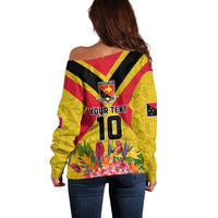 Custom Papua New Guinea Rugby Off Shoulder Sweater Bird of Paradise and Hibiscus Polynesian Pattern Yellow Color LT03