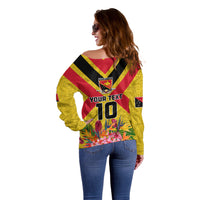 Custom Papua New Guinea Rugby Off Shoulder Sweater Bird of Paradise and Hibiscus Polynesian Pattern Yellow Color LT03