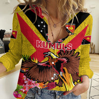 Custom Papua New Guinea Rugby Women Casual Shirt Bird of Paradise and Hibiscus Polynesian Pattern Yellow Color LT03