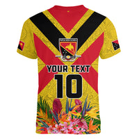Custom Papua New Guinea Rugby Women V Neck T Shirt Bird of Paradise and Hibiscus Polynesian Pattern Yellow Color LT03
