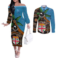 Fiji and Australia Couples Matching Off The Shoulder Long Sleeve Dress and Long Sleeve Button Shirt Fijian and Aboriginal mix Culture