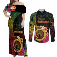 Vanuatu Independence Day Couples Matching Off Shoulder Maxi Dress and Long Sleeve Button Shirt Sand Drawing Melanesian Vibes LT03 Black - Polynesian Pride