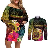 Vanuatu Independence Day Couples Matching Off Shoulder Short Dress and Long Sleeve Button Shirt Sand Drawing Melanesian Vibes LT03 Black - Polynesian Pride