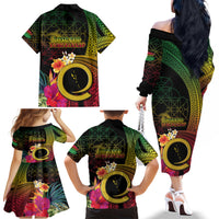 Vanuatu Independence Day Family Matching Off The Shoulder Long Sleeve Dress and Hawaiian Shirt Sand Drawing Melanesian Vibes