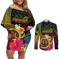 Vanuatu Selebretem 44th Indipendens Dei Couples Matching Off Shoulder Short Dress and Long Sleeve Button Shirt Sand Drawing Melanesian Vibes LT03 Black - Polynesian Pride