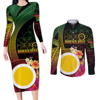 Vanuatu Shefa Day Couples Matching Long Sleeve Bodycon Dress and Long Sleeve Button Shirt Sand Drawing Melanesian LT03 Black - Polynesian Pride