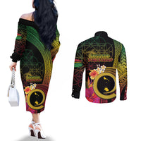 Vanuatu Shefa Day Couples Matching Off The Shoulder Long Sleeve Dress and Long Sleeve Button Shirt Sand Drawing Melanesian