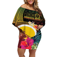 Vanuatu Shefa Day Off Shoulder Short Dress Sand Drawing Melanesian LT03 Women Black - Polynesian Pride