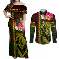 Hawaiian Reggae Music Couples Matching Off Shoulder Maxi Dress and Long Sleeve Button Shirt Jamaica Singer Tribal Polynesian and Hibiscus