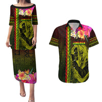 Hawaiian Reggae Music Couples Matching Puletasi and Hawaiian Shirt Jamaica Singer Tribal Polynesian and Hibiscus