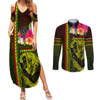 Hawaiian Reggae Music Couples Matching Summer Maxi Dress and Long Sleeve Button Shirt Jamaica Singer Tribal Polynesian and Hibiscus LT03 Black - Polynesian Pride