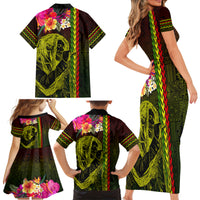 Hawaiian Reggae Music Family Matching Short Sleeve Bodycon Dress and Hawaiian Shirt Jamaica Singer Tribal Polynesian and Hibiscus