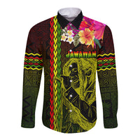 Hawaiian Reggae Music Long Sleeve Button Shirt Jamaica Singer Tribal Polynesian and Hibiscus