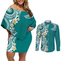 Aloha Polynesian Plumeria Flower Couples Matching Off Shoulder Short Dress and Long Sleeve Button Shirt Teal Color LT03 Teal - Polynesian Pride