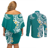 Aloha Polynesian Plumeria Flower Couples Matching Off Shoulder Short Dress and Long Sleeve Button Shirt Teal Color LT03 - Polynesian Pride