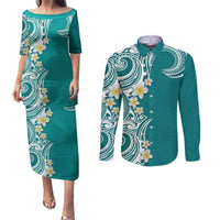 Aloha Polynesian Plumeria Flower Couples Matching Puletasi and Long Sleeve Button Shirt Teal Color LT03 Teal - Polynesian Pride
