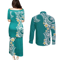 Aloha Polynesian Plumeria Flower Couples Matching Puletasi and Long Sleeve Button Shirt Teal Color LT03 - Polynesian Pride