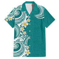 Aloha Polynesian Plumeria Flower Family Matching Off Shoulder Short Dress and Hawaiian Shirt Teal Color