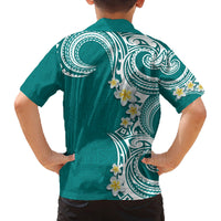 Aloha Polynesian Plumeria Flower Family Matching Tank Maxi Dress and Hawaiian Shirt Teal Color