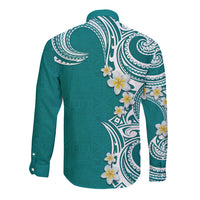 Aloha Polynesian Plumeria Flower Long Sleeve Button Shirt Teal Color
