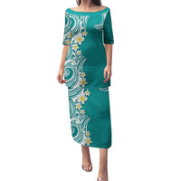 Aloha Polynesian Plumeria Flower Puletasi Teal Color LT03 Long Dress Teal - Polynesian Pride