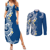 Aloha Polynesian Plumeria Flower Couples Matching Summer Maxi Dress and Long Sleeve Button Shirt Blue Color LT03 Blue - Polynesian Pride